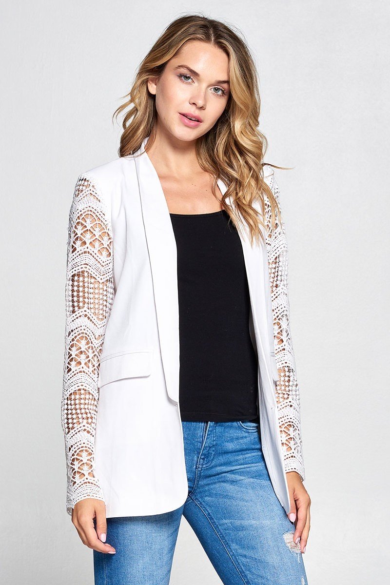 White Lace Sleeve Blazer - Fashion Bop