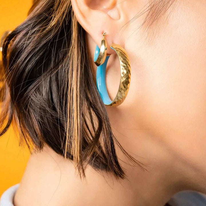 18k Gold Platted Turquoise Enamel Duo Hoop - Fashion Bop