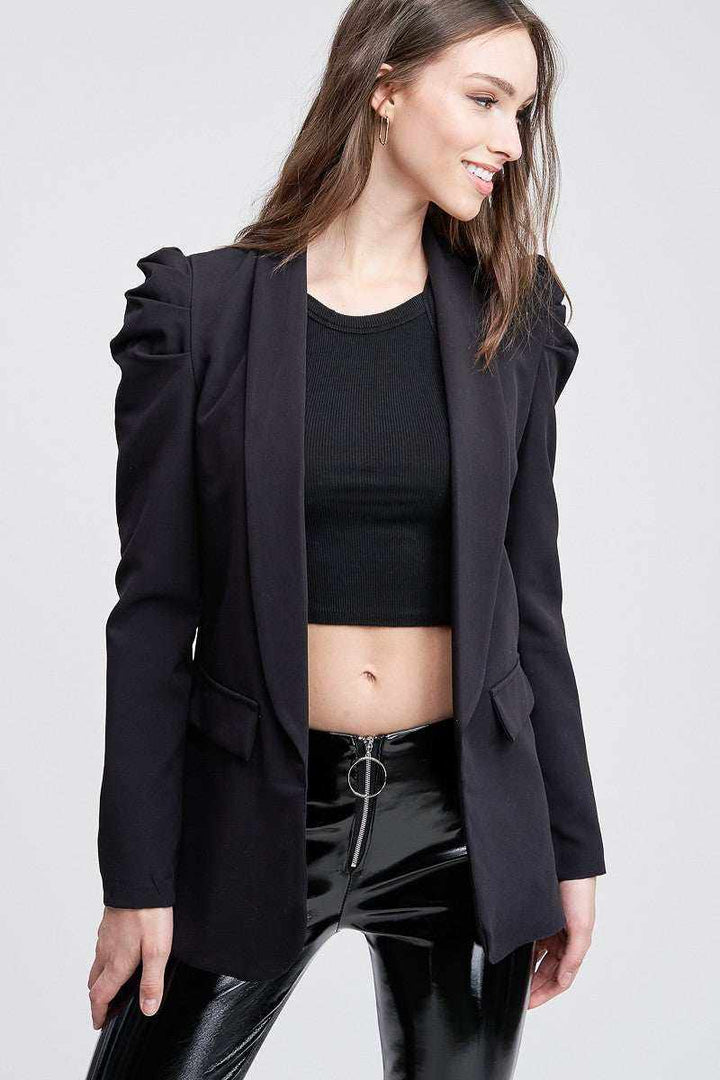 BLACK BUBBLE SHOULDER LONG SLEEVE BLAZER - Fashion Bop