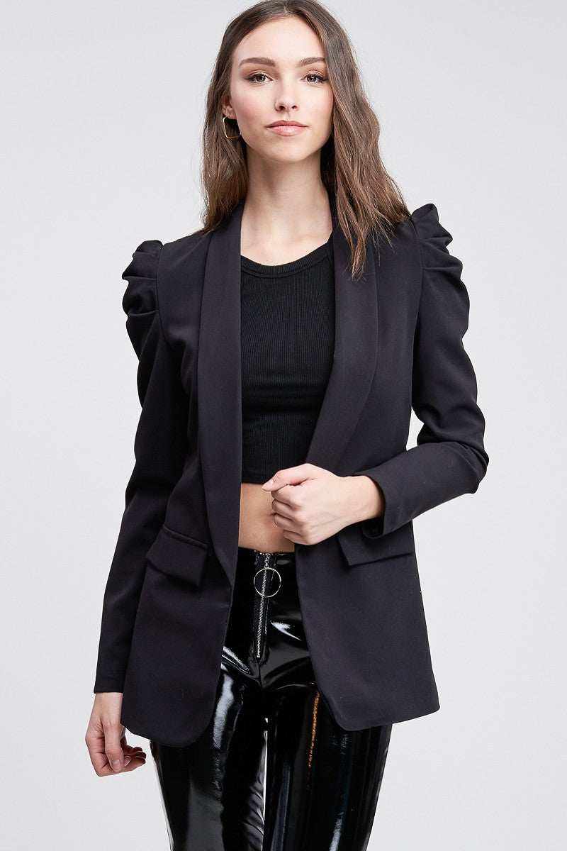 BLACK BUBBLE SHOULDER LONG SLEEVE BLAZER - Fashion Bop