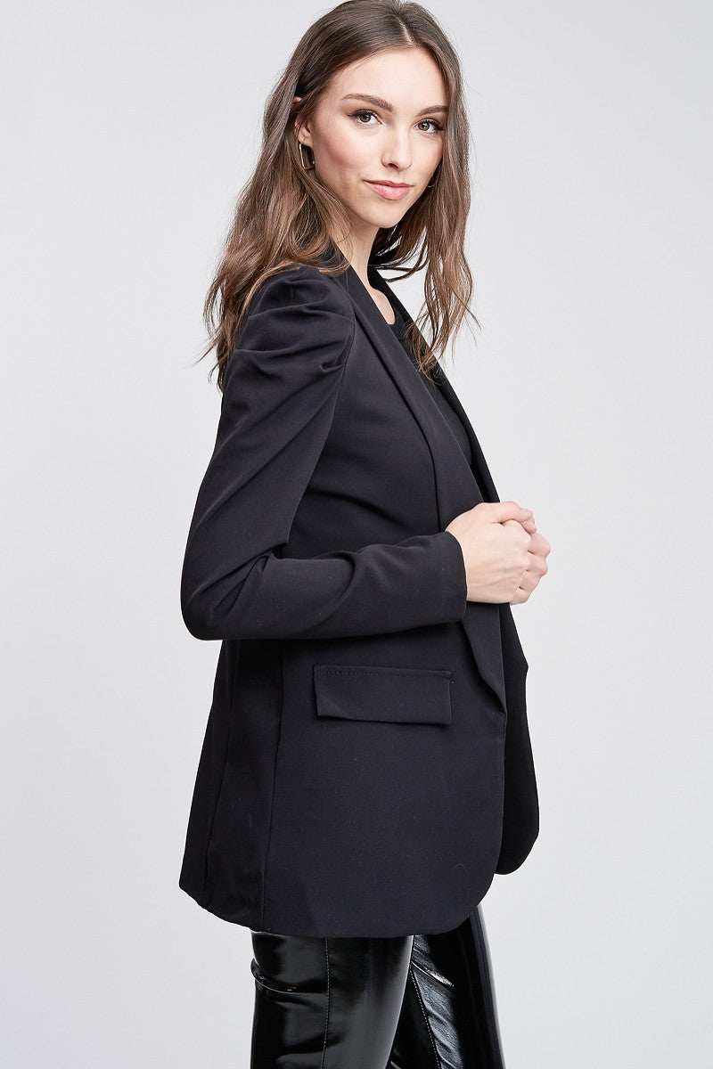 BLACK BUBBLE SHOULDER LONG SLEEVE BLAZER - Fashion Bop