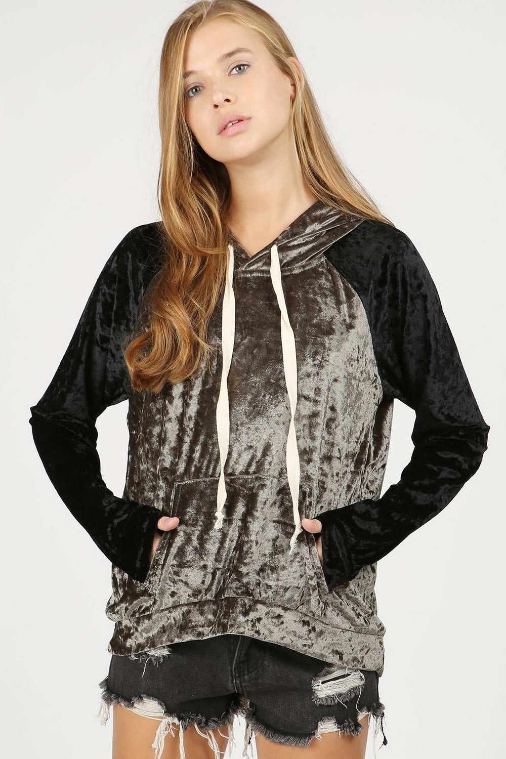 Crushed Velvet Olive/Black Hoodie - Fashion Bop