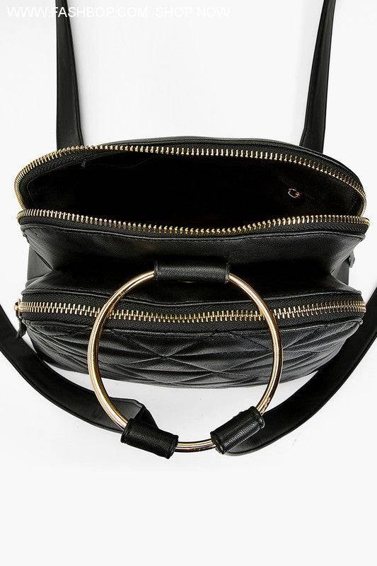 Black Vegan Backpack With Top Ring Detail - Fashion Bop