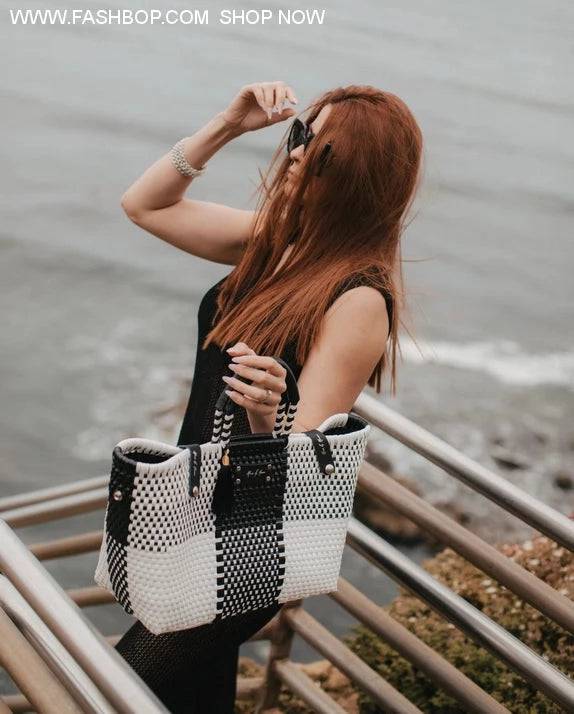 Sustainable Lux Black & White Color-block Handbag - Fashion Bop