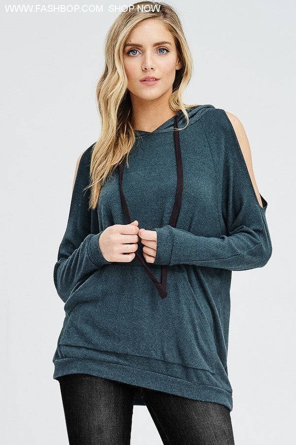 Comfy Hacci Cold Shoulder Hoodie - Fashion Bop