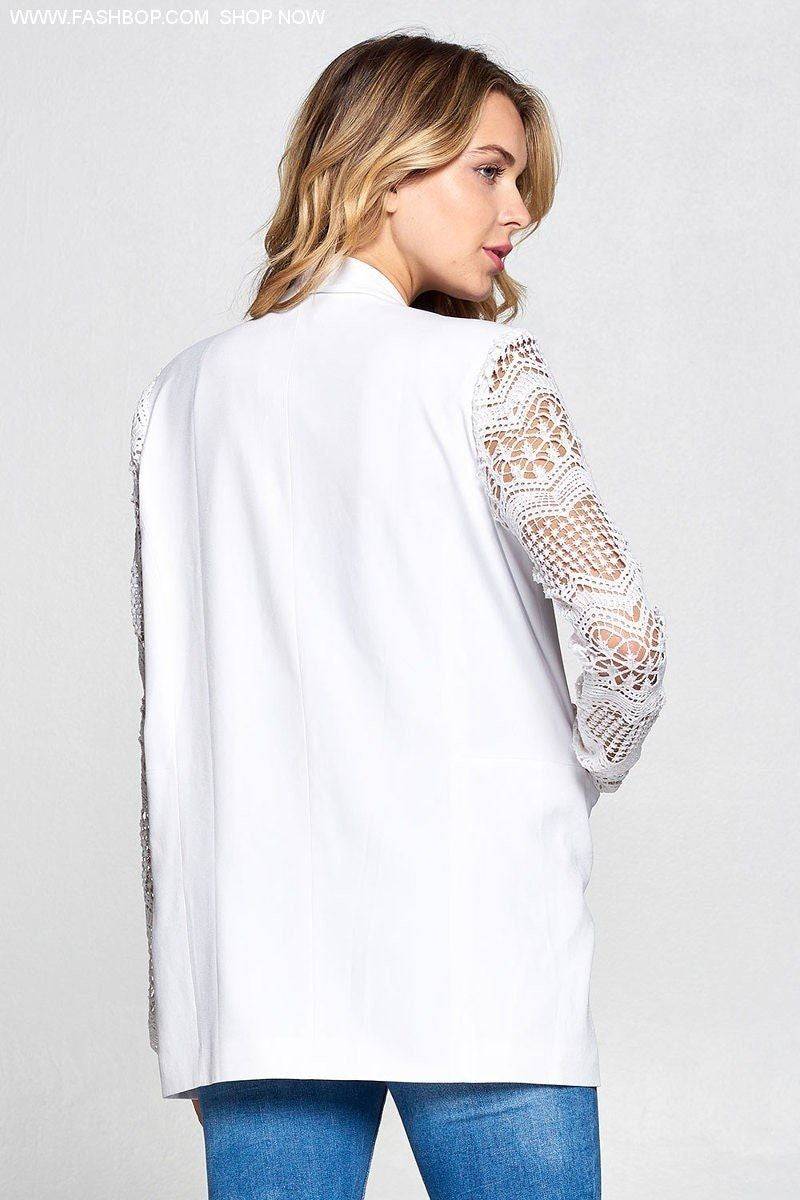 White Lace Sleeve Blazer - Fashion Bop