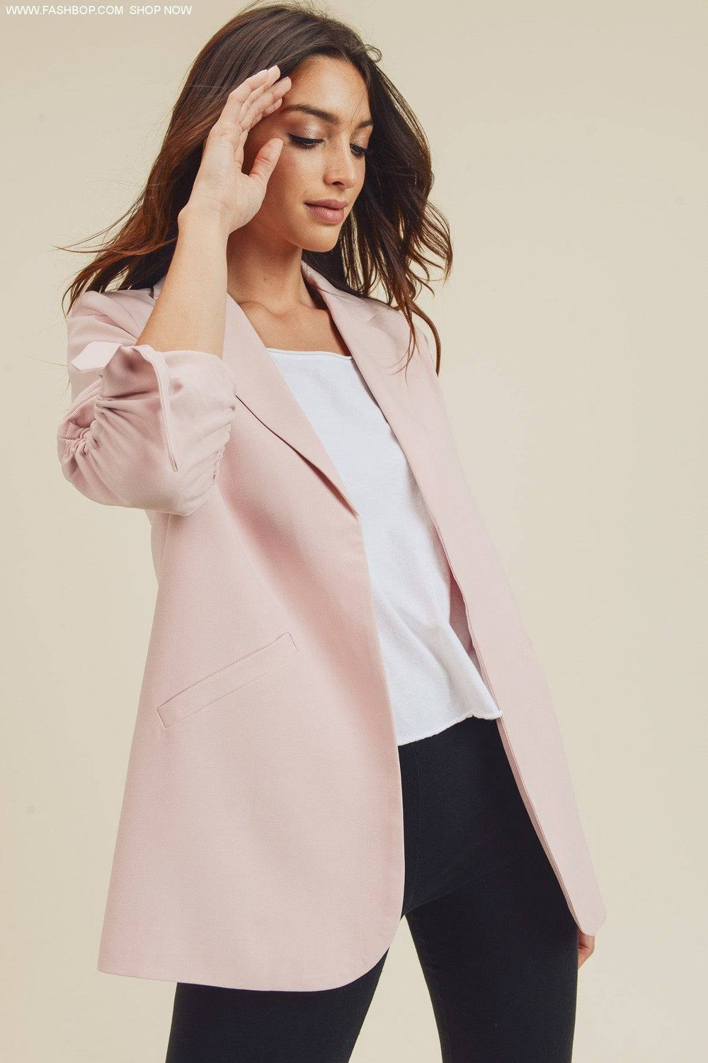 PINK PERFECTION RUCHED SLEEVE BLAZER - Fashion Bop