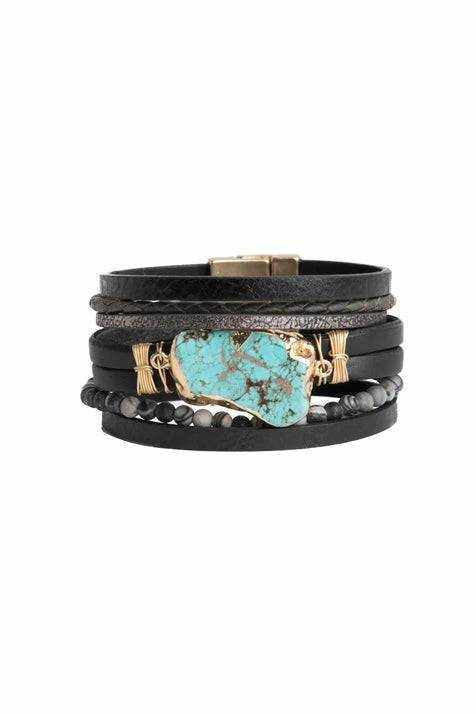 Turquoise Leather Cuff with semi-precious marbled beads, featuring genuine leather, turquoise stone, and magnetic closure.