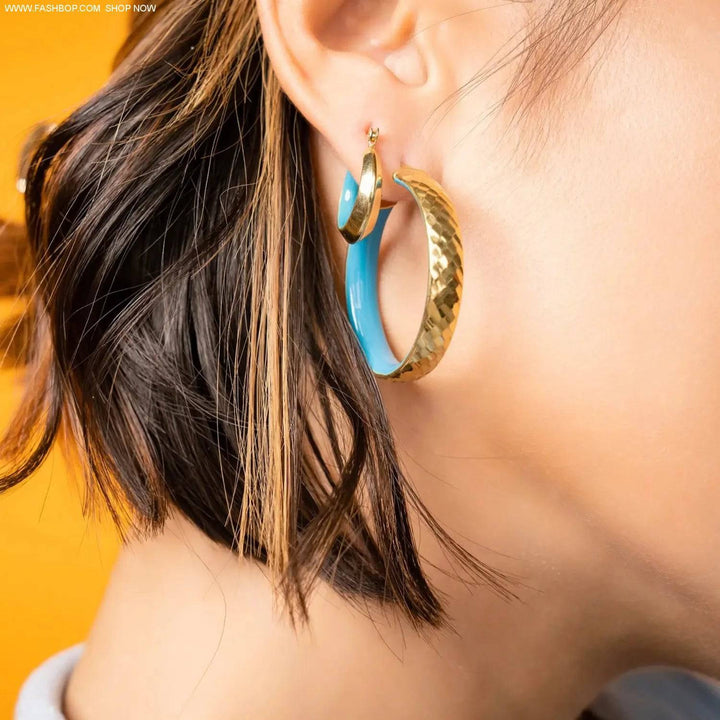 18k Gold Platted Turquoise Enamel Duo Hoop - Fashion Bop