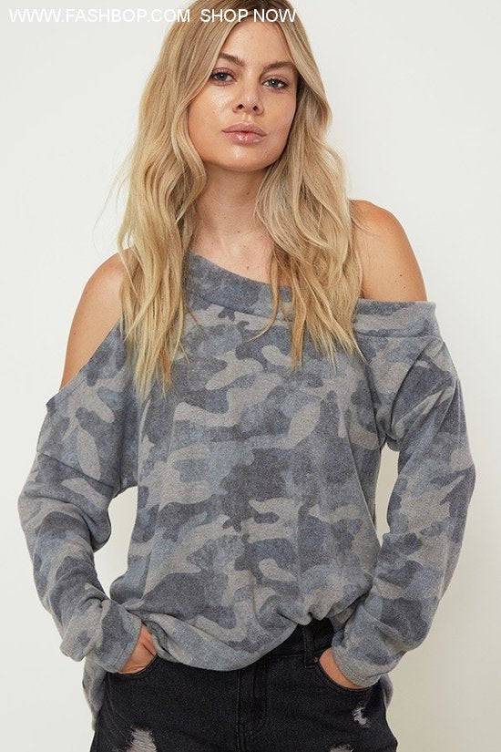 Oversized Camo One Shoulder Long Sleeve - Fashion Bop