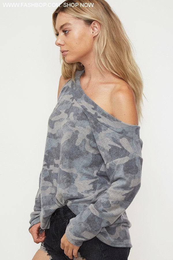 Oversized Camo One Shoulder Long Sleeve - Fashion Bop