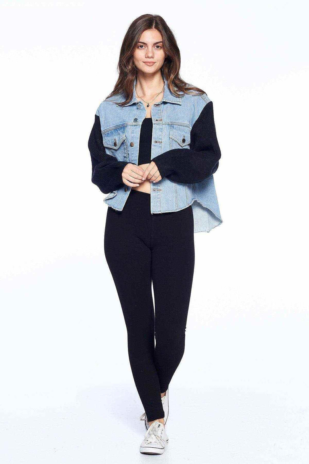 Oversized Denim Jacket With Knit Sleeves - Fashion Bop