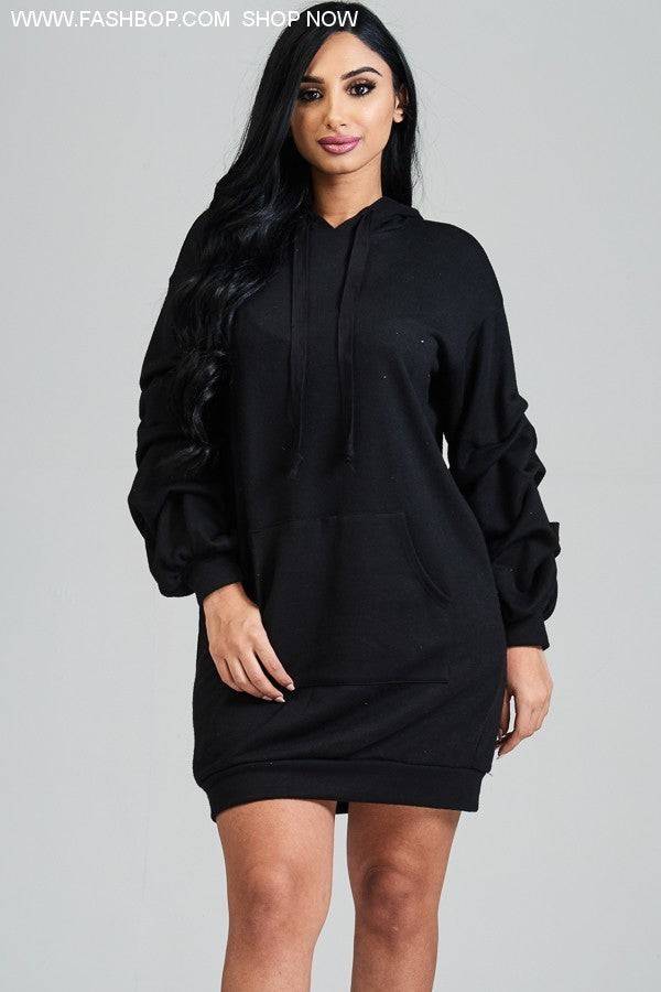 Bubble Sleeve Sweatshirt Dress With Hoodie - Fashion Bop