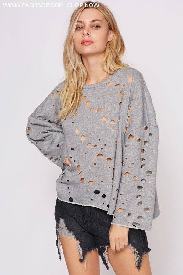 Gray Laser Cut Sweatshirt - Fashion Bop