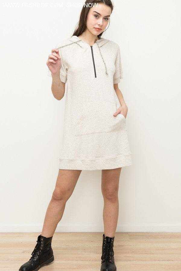 Oatmeal Short Sleeve Hoodie Dress - Fashion Bop