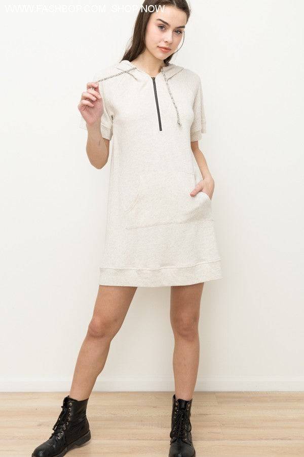 Oatmeal Short Sleeve Hoodie Dress - Fashion Bop