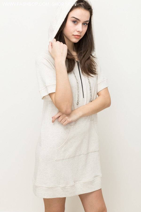 Oatmeal Short Sleeve Hoodie Dress - Fashion Bop