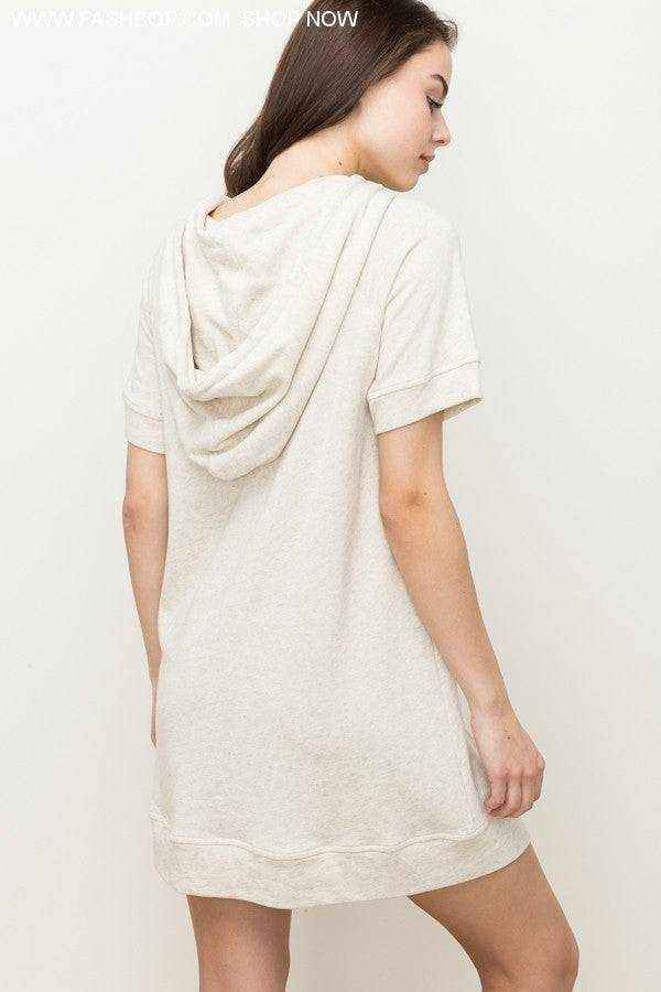 Oatmeal Short Sleeve Hoodie Dress - Fashion Bop