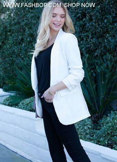 OFF WHITE TUCKED SLEEVE BLAZER WITH POCKET DETAIL - Fashion Bop