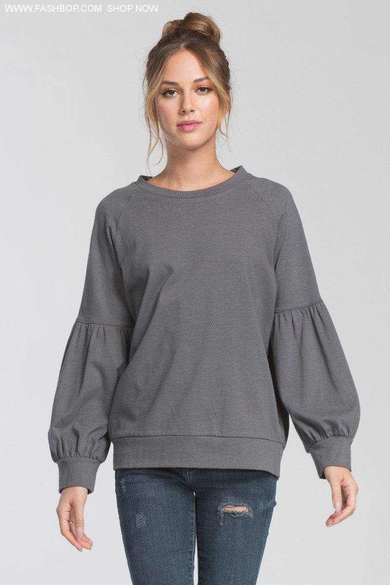 So Chic Gray Balloon Sleeve Sweatshirt - Fashion Bop