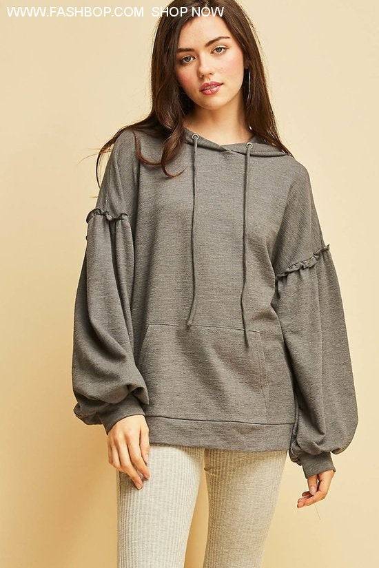 Greige Bubble Sleeve Hoodie - Fashion Bop