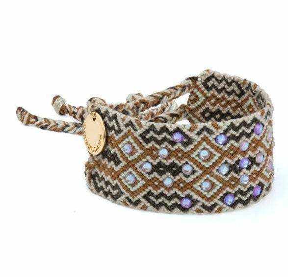 Swarovski Crystal Woven Give Back Cuff Bracelet, handwoven Wayuu design with shimmering crystals and adjustable silver beads.