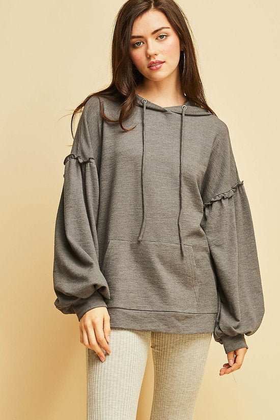 Greige Bubble Sleeve Hoodie - Fashion Bop